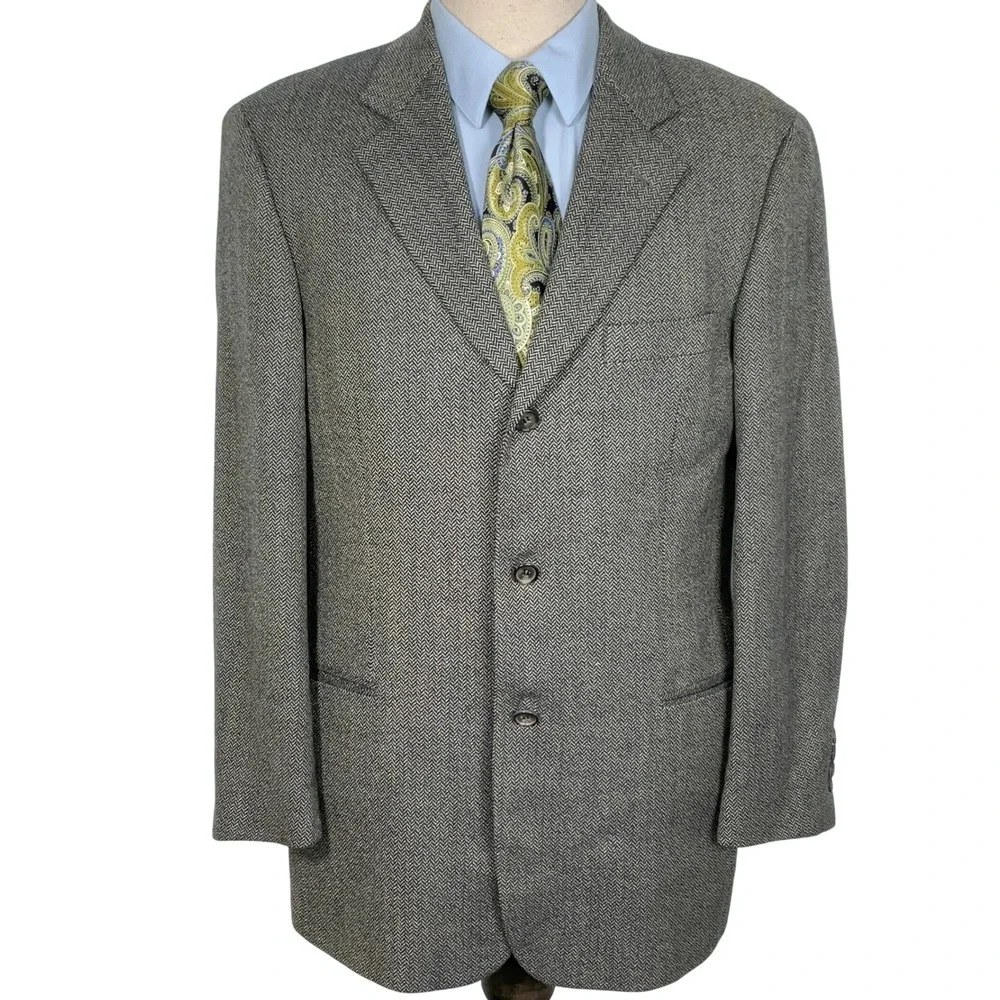 Hugo Boss Blazer Men 40R Navy Khaki Herringbone Einstein Lambswool Sport Coat